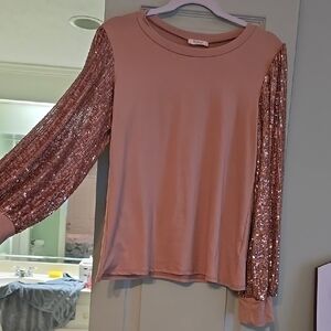 Women's Pink Sequin Sleeve Top